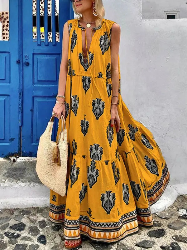 Women's Sleeveless Midi Bohemian Print Dress kakaclo