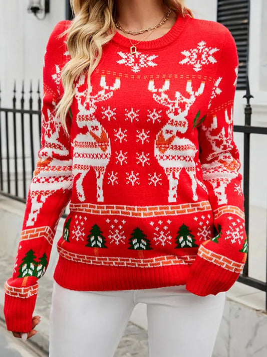 Women's Snowflake Elk Crew Neck Long Sleeve Knit Pullover Christmas Sweater kakaclo
