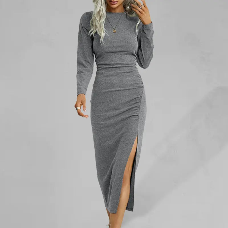 Women's Solid Color Round Neck Slim Long Sleeve Slit Dress kakaclo