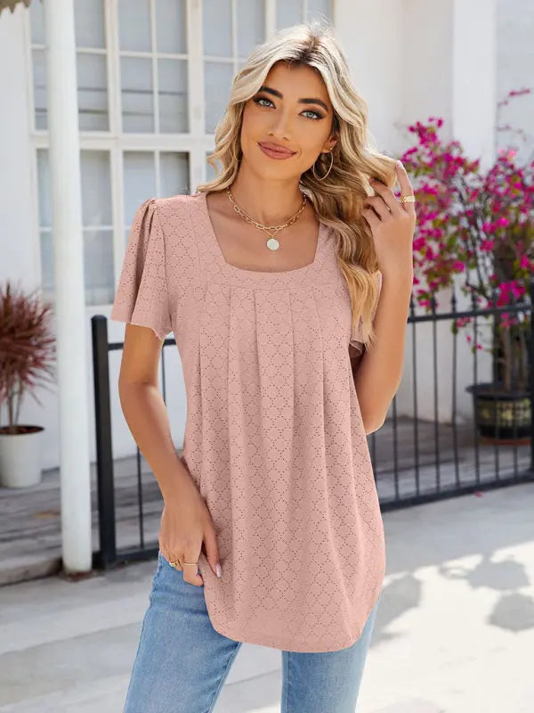 Women's Square Neck Bell Sleeve Pleated Short Sleeve Loose T-Shirt kakaclo