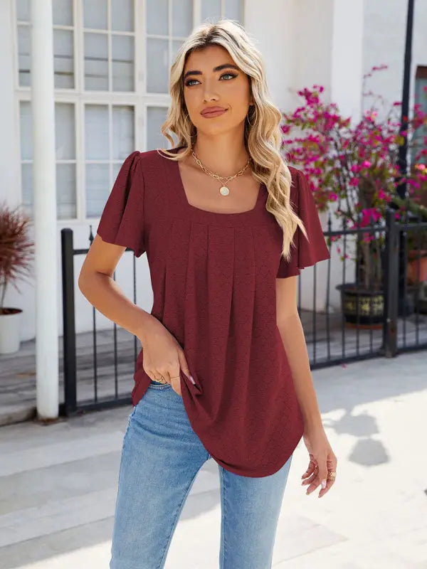 Women's Square Neck Bell Sleeve Pleated Short Sleeve Loose T-Shirt kakaclo