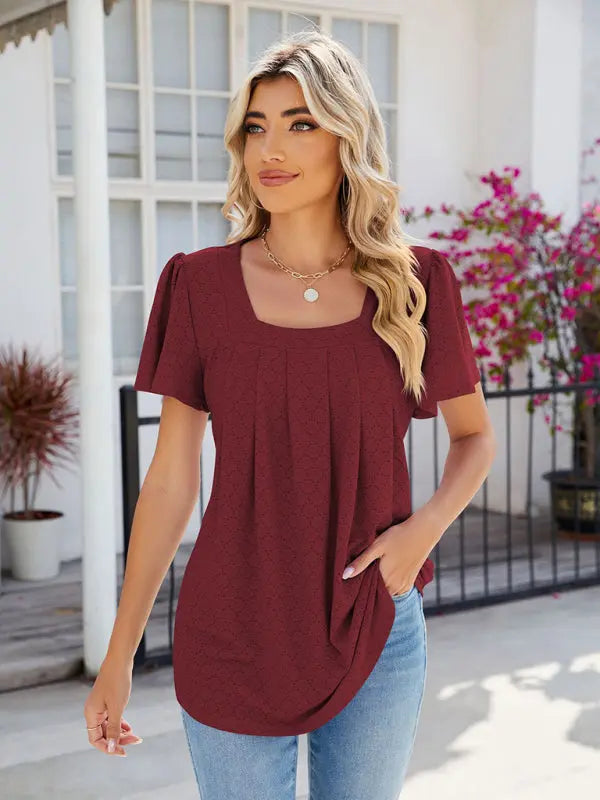 Women's Square Neck Bell Sleeve Pleated Short Sleeve Loose T-Shirt kakaclo