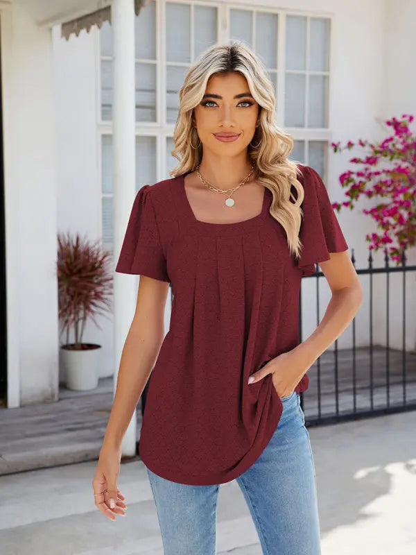 Women's Square Neck Bell Sleeve Pleated Short Sleeve Loose T-Shirt kakaclo