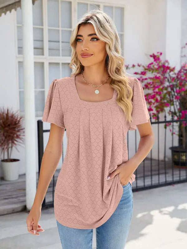 Women's Square Neck Bell Sleeve Pleated Short Sleeve Loose T-Shirt kakaclo