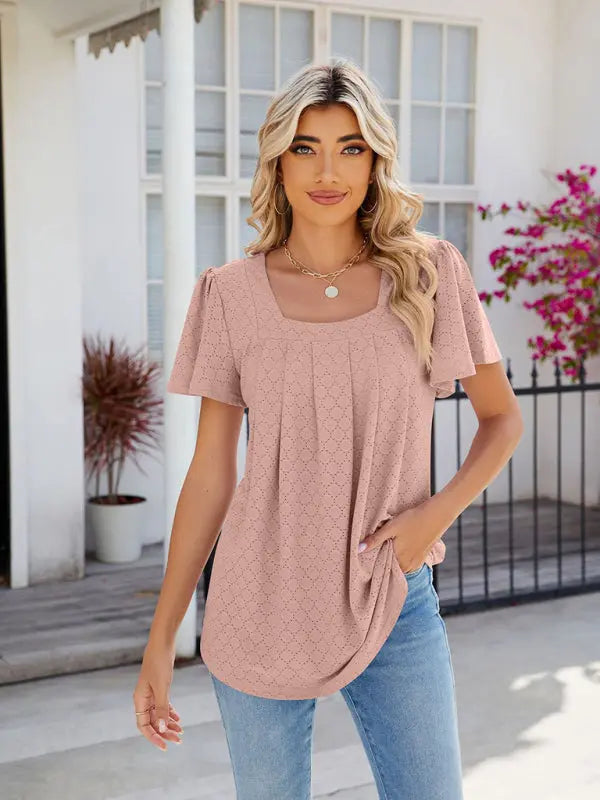 Women's Square Neck Bell Sleeve Pleated Short Sleeve Loose T-Shirt kakaclo