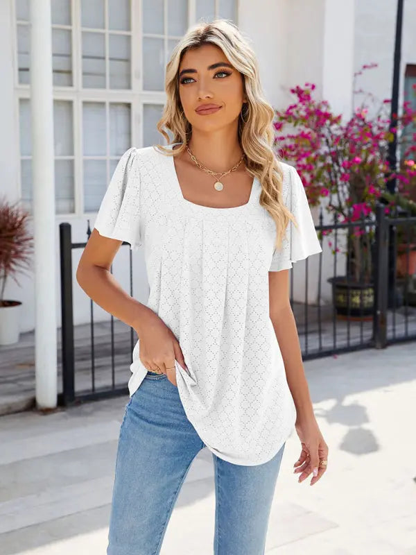 Women's Square Neck Bell Sleeve Pleated Short Sleeve Loose T-Shirt kakaclo