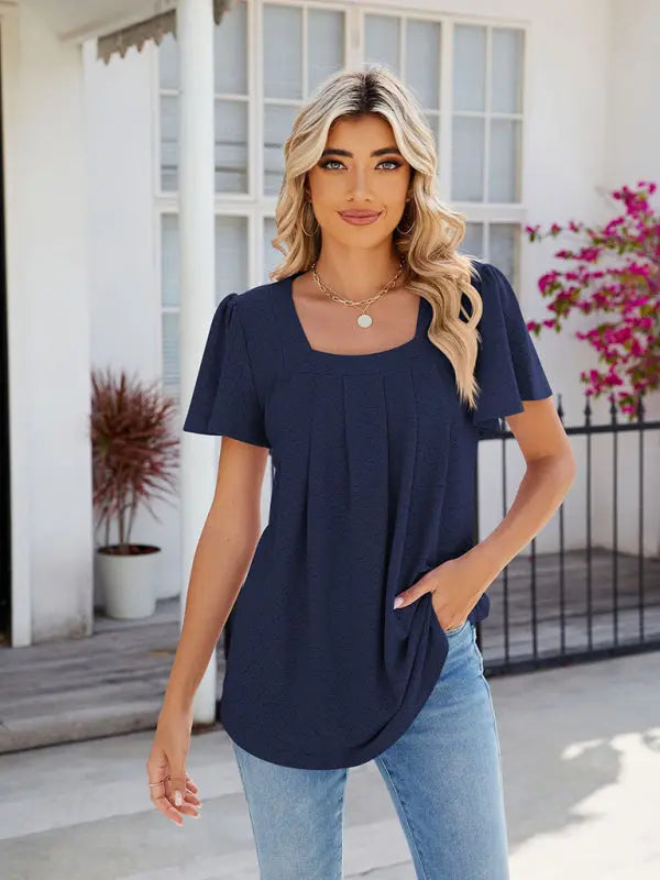 Women's Square Neck Bell Sleeve Pleated Short Sleeve Loose T-Shirt kakaclo