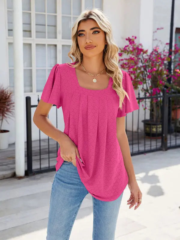 Women's Square Neck Bell Sleeve Pleated Short Sleeve Loose T-Shirt kakaclo