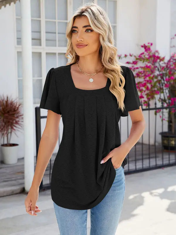 Women's Square Neck Bell Sleeve Pleated Short Sleeve Loose T-Shirt kakaclo