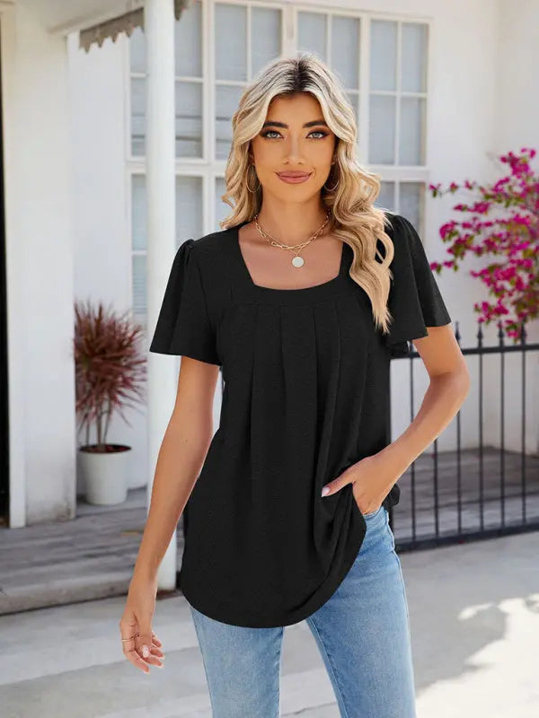 Women's Square Neck Bell Sleeve Pleated Short Sleeve Loose T-Shirt kakaclo