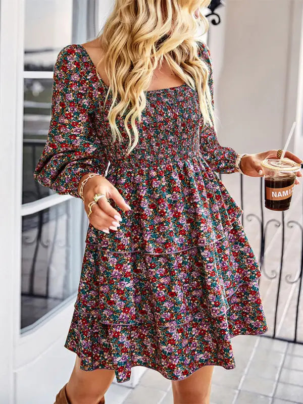 Women's Square Neck Long Sleeve Printed Cake Dress kakaclo