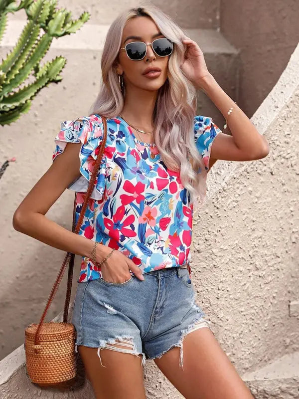 Women's Summer New Fashion Floral Print Double Layer Feifei Short Sleeve Shirt kakaclo