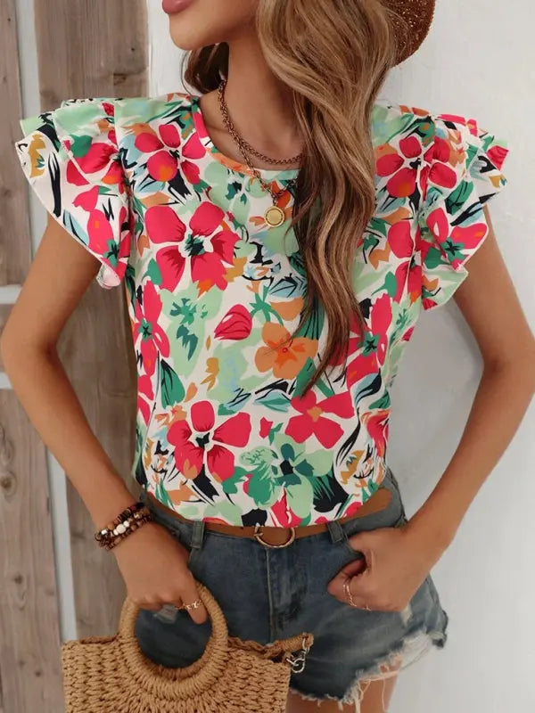 Women's Summer New Fashion Floral Print Double Layer Feifei Short Sleeve Shirt kakaclo