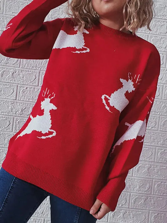 Women's Thick Round Neck Long Sleeve Christmas Sweater Fawn Jacquard Knit Pullover kakaclo