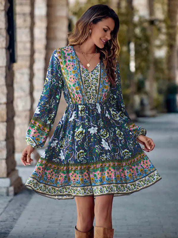 Women's V-neck printed waist long-sleeved dress kakaclo