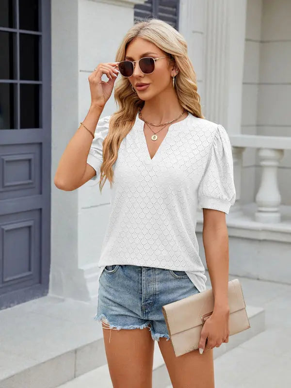 Women's V-neck puff sleeve pleated short-sleeved loose T-shirt kakaclo