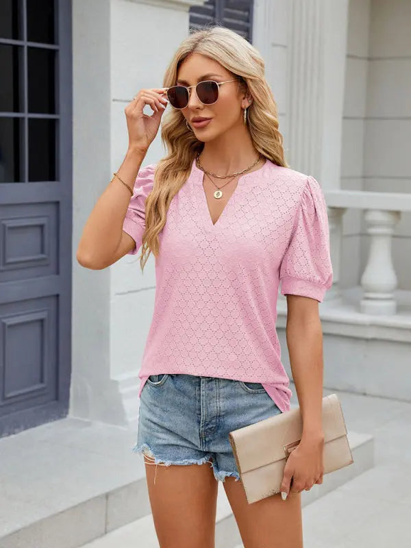 Women's V-neck puff sleeve pleated short-sleeved loose T-shirt kakaclo