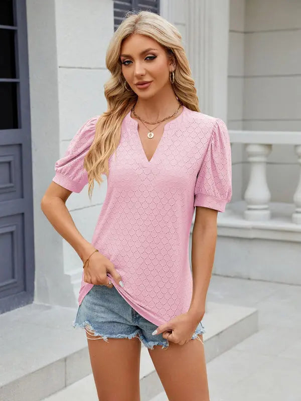 Women's V-neck puff sleeve pleated short-sleeved loose T-shirt kakaclo