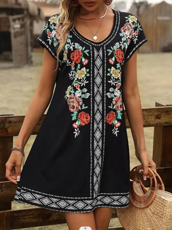 Women's Vintage Floral Print Short Sleeve Casual Dress kakaclo