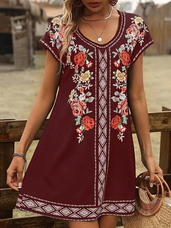 Women's Vintage Floral Print Short Sleeve Casual Dress kakaclo