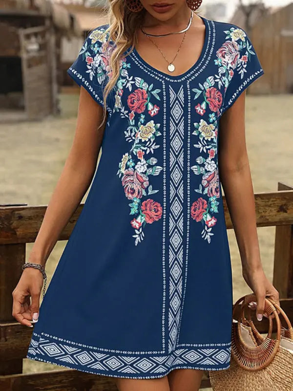 Women's Vintage Floral Print Short Sleeve Casual Dress kakaclo