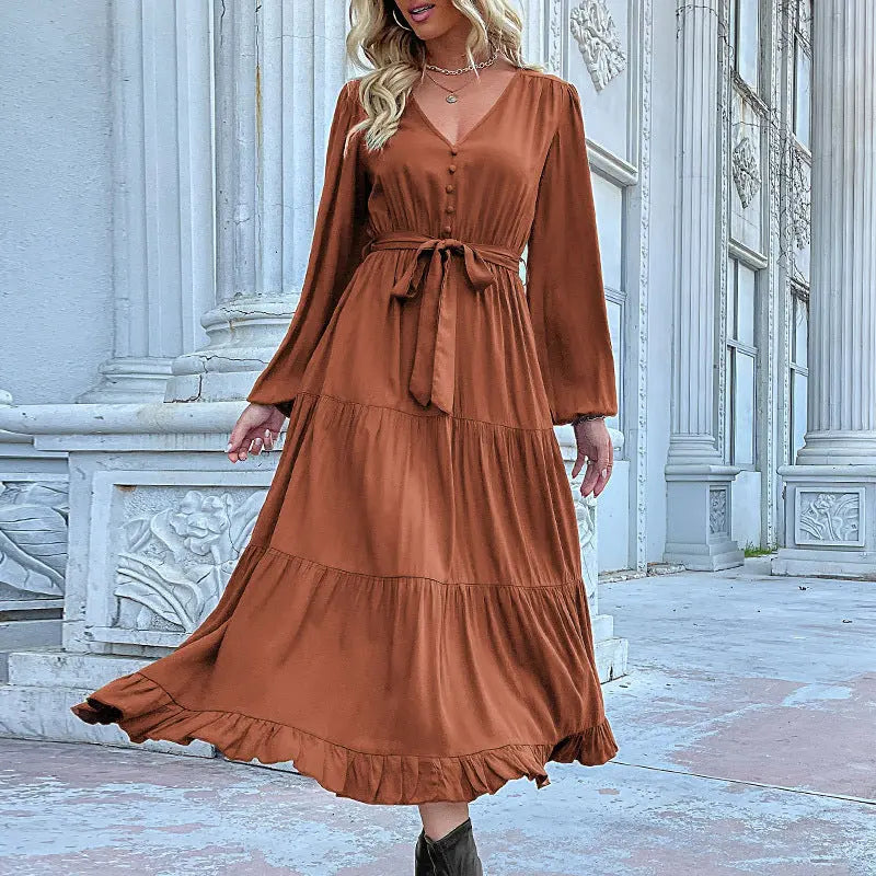 Women's Woven V-Neck Long-Sleeved Pleated Dress kakaclo