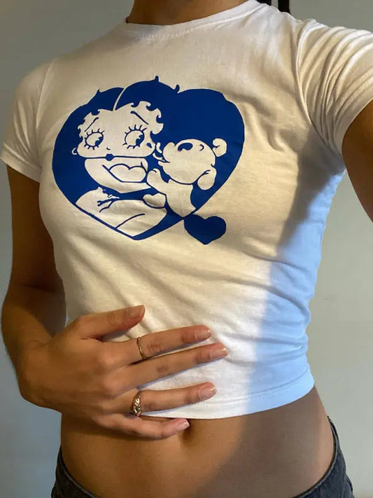 Women's Y2K Hot Girl Navel Bare Cartoon Print Short Sleeve T-Shirt BLUE ZONE PLANET