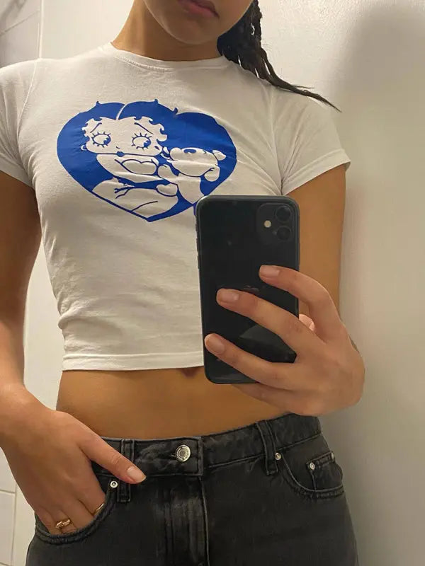 Women's Y2K Hot Girl Navel Bare Cartoon Print Short Sleeve T-Shirt BLUE ZONE PLANET