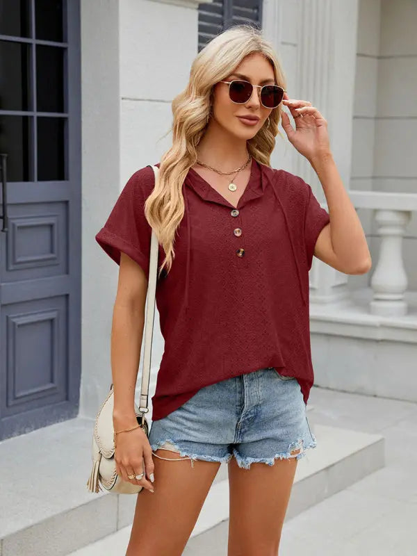 Women's buttoned hooded drawstring short-sleeved T-shirt top kakaclo