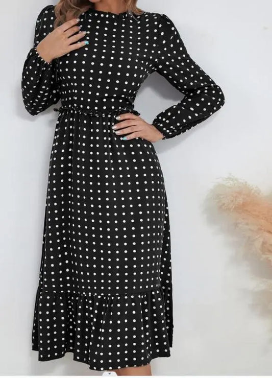 Women's casual long sleeve French polka dot dress kakaclo