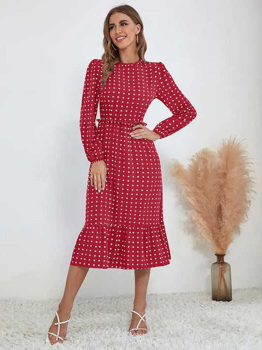 Women's casual long sleeve French polka dot dress kakaclo