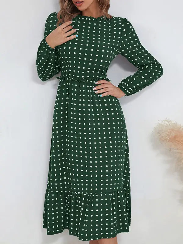 Women's casual long sleeve French polka dot dress kakaclo
