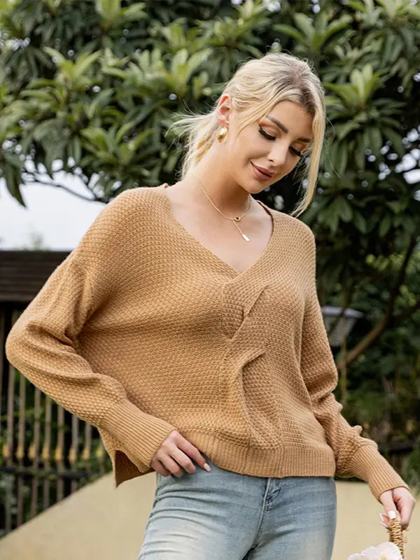 Women's casual solid color versatile long-sleeved sweater kakaclo