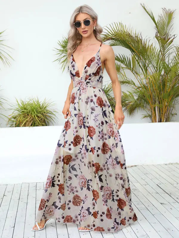 Women's chiffon printed suspender sexy long dress kakaclo