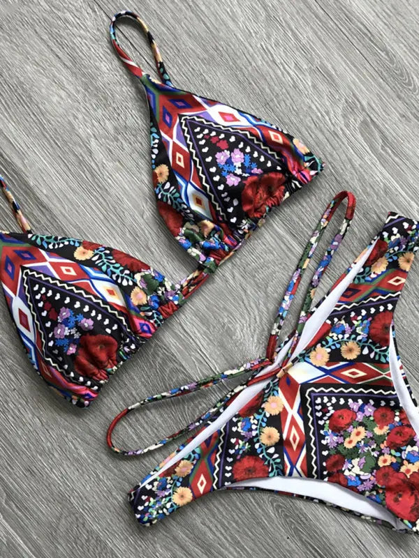 Women's floral multi-rope hollow tie split bikini swimsuit BLUE ZONE PLANET