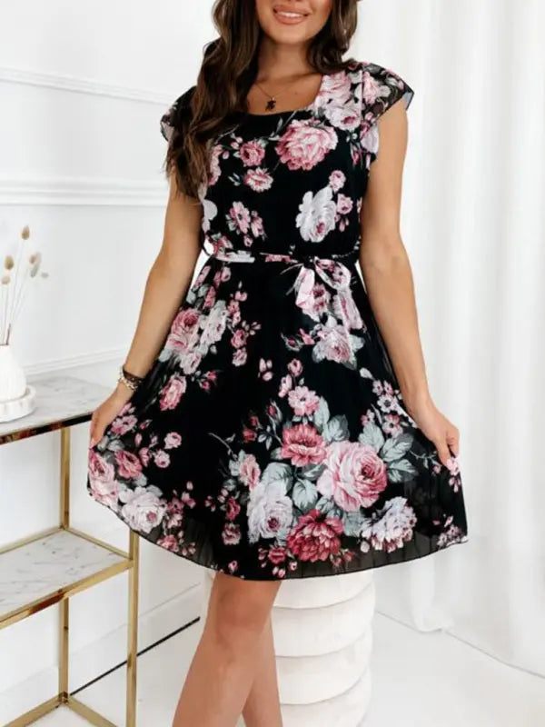 Women's fluttering sleeve waist floral pleated dress kakaclo