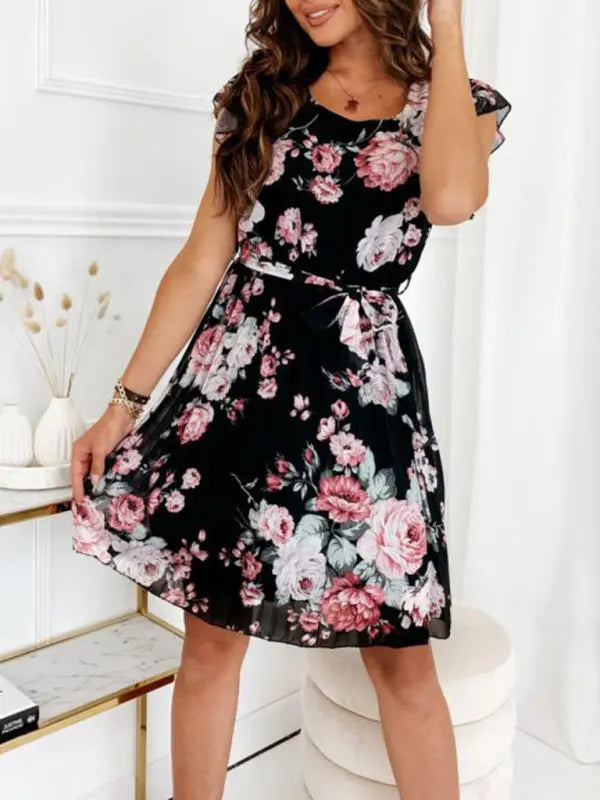 Women's fluttering sleeve waist floral pleated dress kakaclo