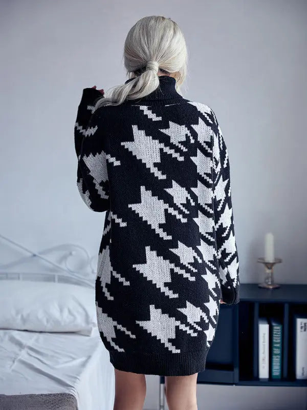 Women's high neck loose long sleeve sweater dress (without belt) kakaclo