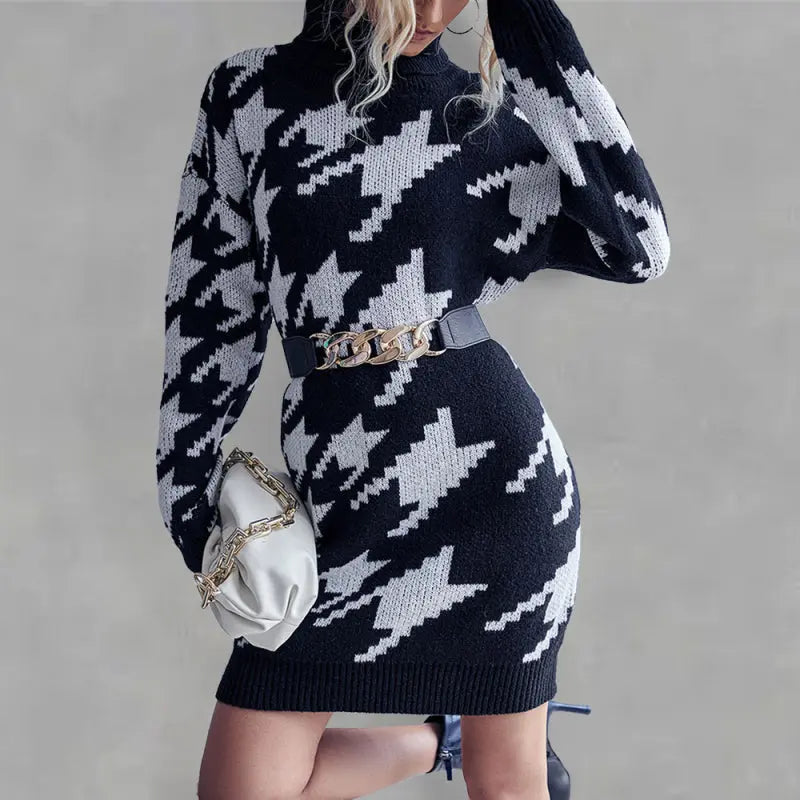 Women's high neck loose long sleeve sweater dress (without belt) kakaclo