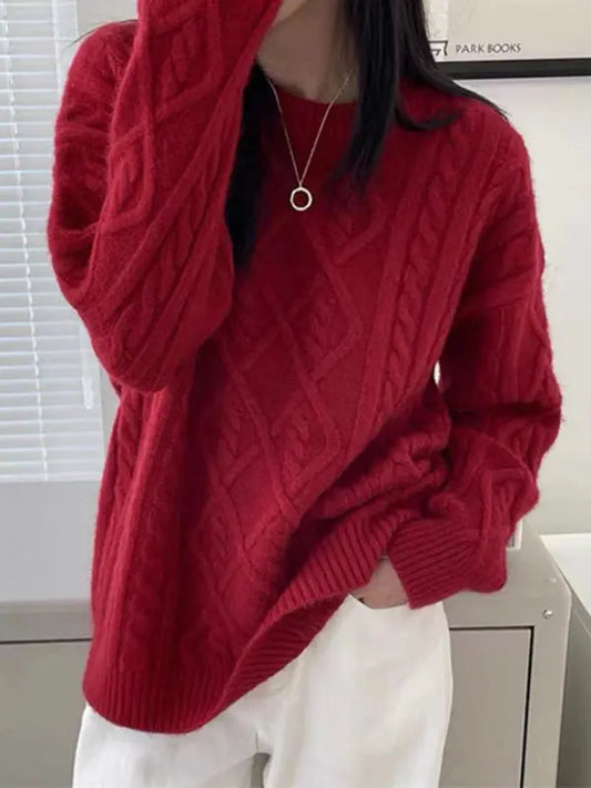 Women's long sleeve round neck twist loose sweater kakaclo
