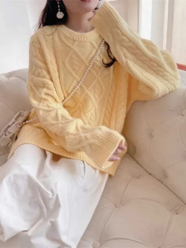 Women's long sleeve round neck twist loose sweater kakaclo