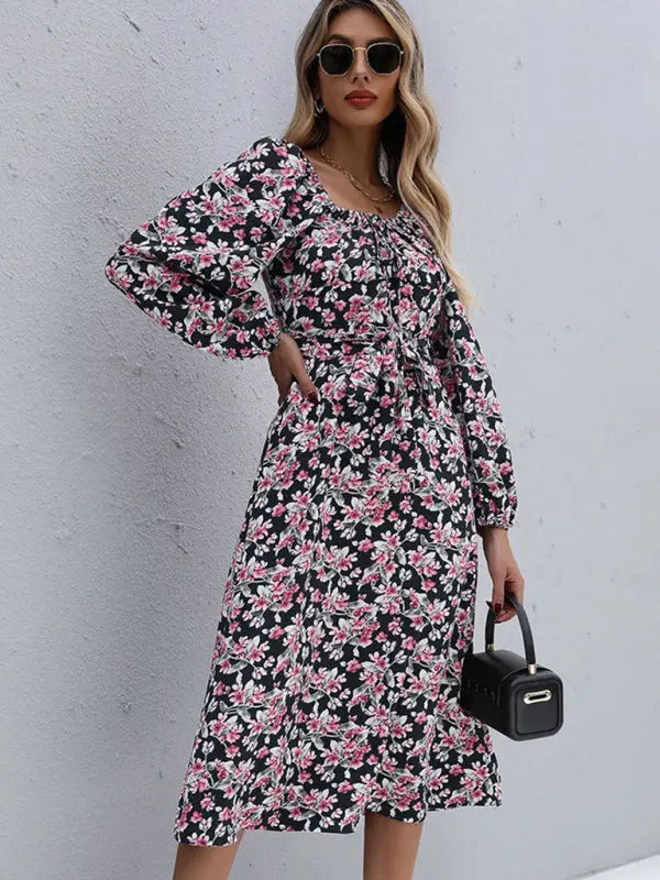 Women's long -sleeved casual fashion versatile dress kakaclo