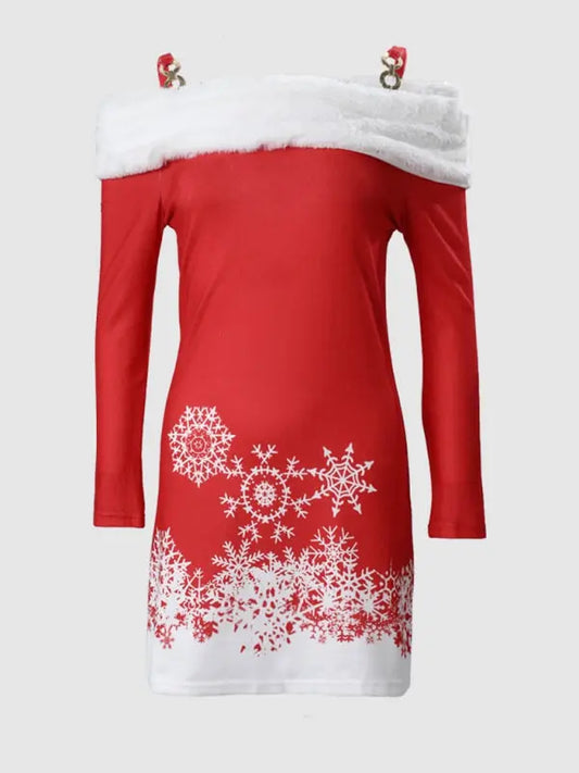 Women's new Christmas printed furry flat shoulder suspender dress kakaclo