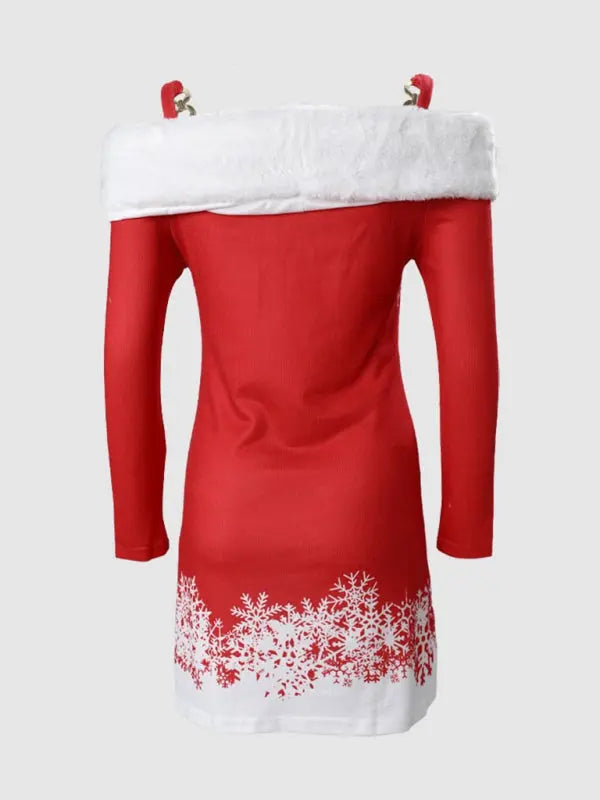 Women's new Christmas printed furry flat shoulder suspender dress kakaclo