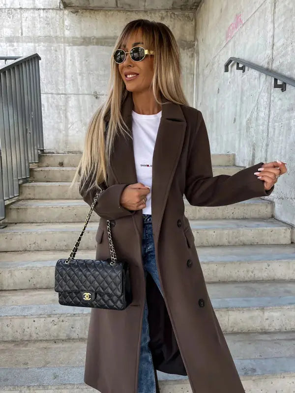 Women's new autumn and winter simple long-sleeved lapel button slit woolen jacket kakaclo