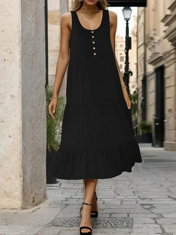 Women's new black suspender mid-length dress kakaclo