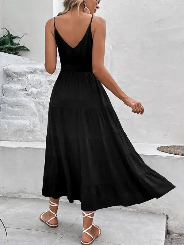 Women's new black suspender midi dress kakaclo