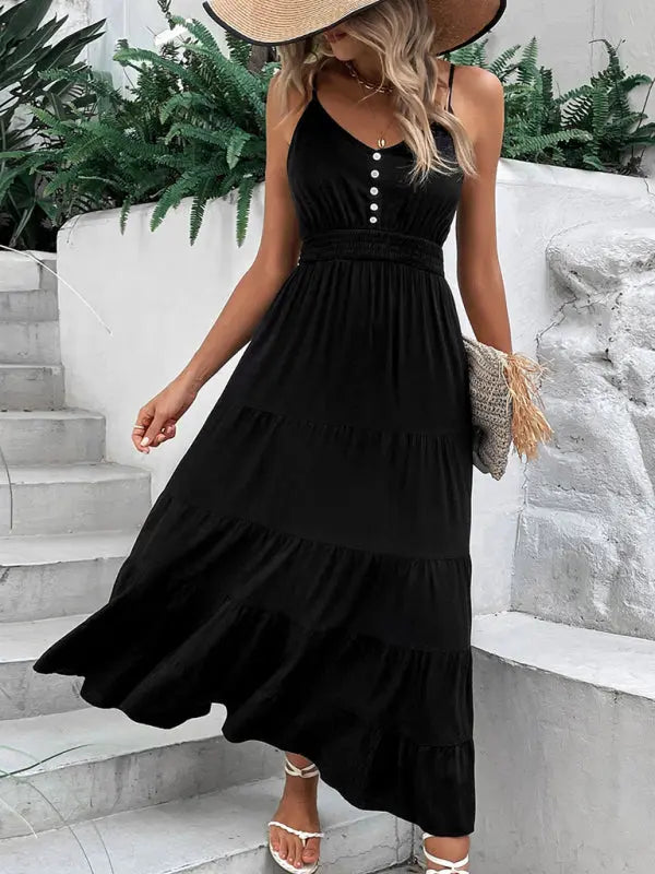 Women's new black suspender midi dress kakaclo