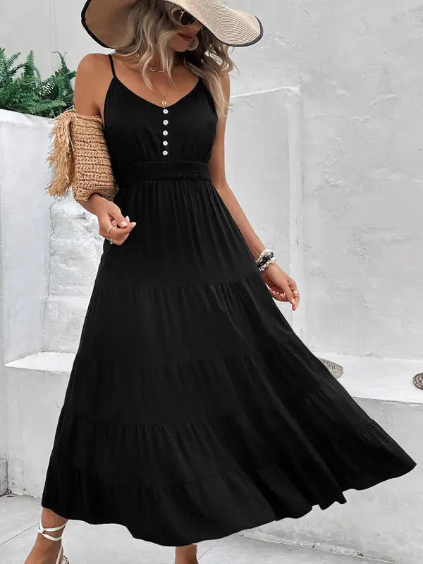 Women's new black suspender midi dress kakaclo