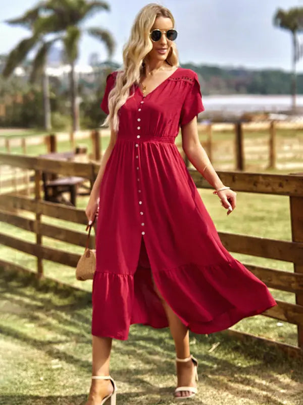 Women's new elegant V-neck solid color long skirt kakaclo